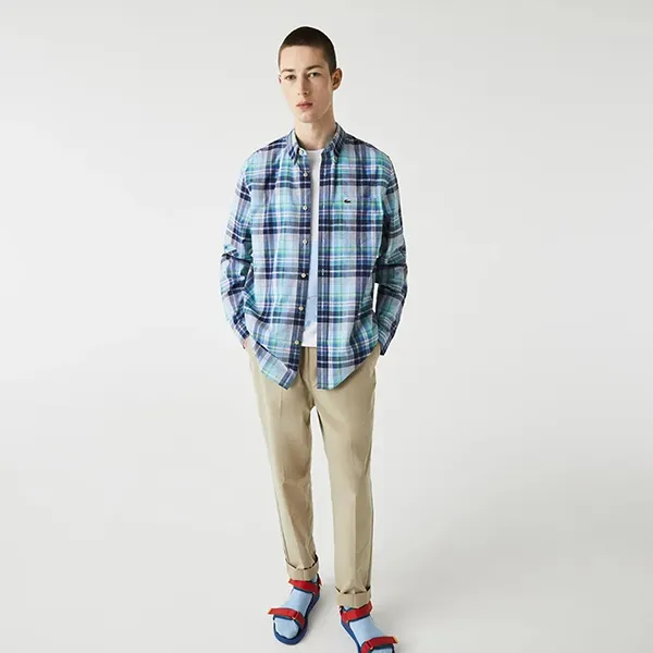 Áo Sơ Mi Nam Lacoste Regular Fit Check Stretch Cotton Shirt CH2603 00 51W Màu Xanh Kẻ Size 39
