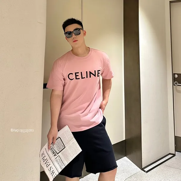Áo Thun Celine Homme Logo Print Cotton Jersey TShirt Màu Hồng Size M