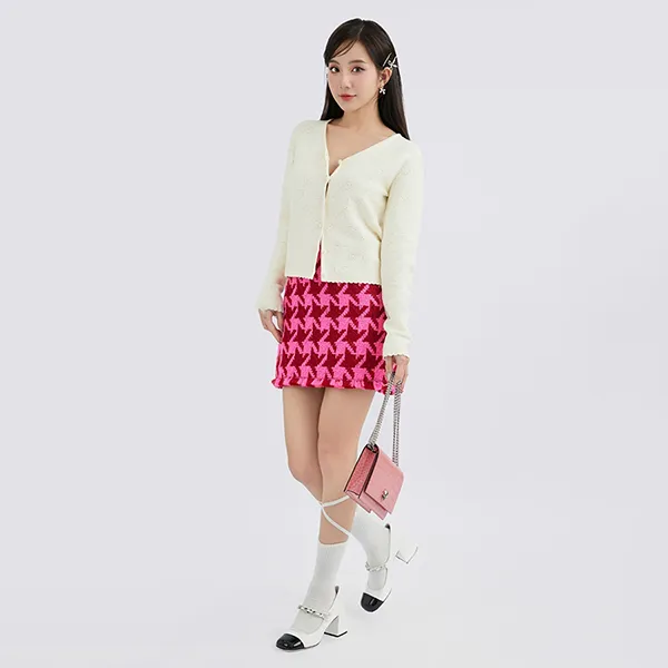 Chân Váy Nữ Versace Frayed Tweed Parade Red/Fuchsia 1006885 1A05324 2R660 Màu Hồng Size 40