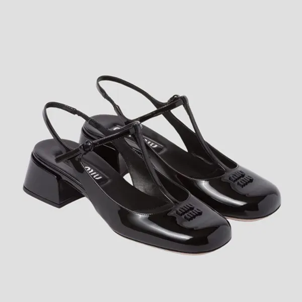 Giày Cao Gót Nữ Miu Miu T-Strap Heels In Black Leather 5I923D F 035 011 F0002 Màu Đen Size 36