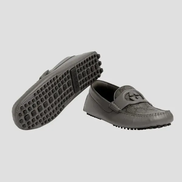 Giày Lười Nam Gucci Grey Leather With GG Monogram Logo Printed 730148 Màu Xám Size 7.5 - Giày - Vua Hàng Hiệu