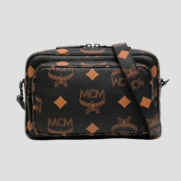 Túi Đeo Chéo Nam MCM Black Leather With Logo Printed MMRDATA01 BK Màu Đen Họa Tiết