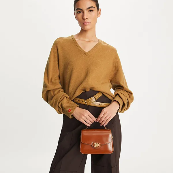 Túi Đeo Chéo Nữ Tory Burch Robinson Spazzolato Top Handle Shoulder Bag Brown Màu Nâu