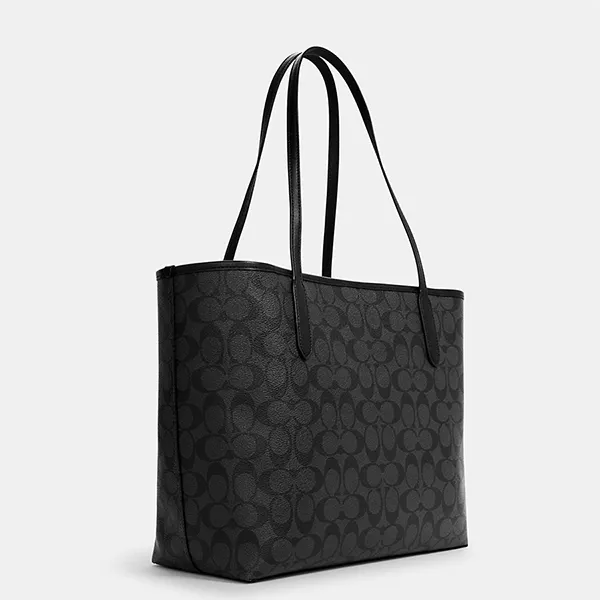 Túi Tote Nữ Coach City In Signature Canvas Brown/Fuchsia 5696 Màu Đen