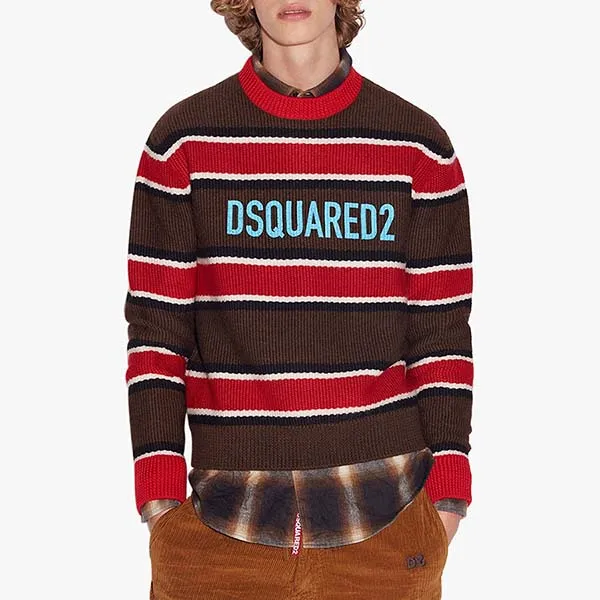 Áo Len Nam Dsquared2 Striped Pullover Sweater S74HA1263 Màu Nâu/Đỏ Size M