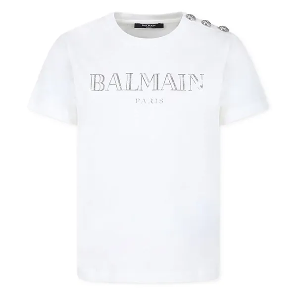Áo Phông Nữ Balmain In White With Logo Engraved Buttons BV8Q21 Z0116 Tshirt Màu Trắng