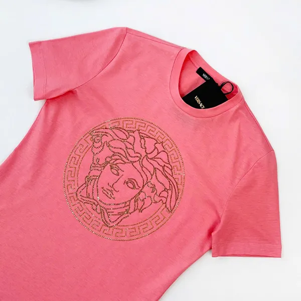 Áo Phông Nữ Versace In Pink With Logo Medusa Stone Studded 1010069 1A12980 2P190 Tshirt Màu Hồng Size 38