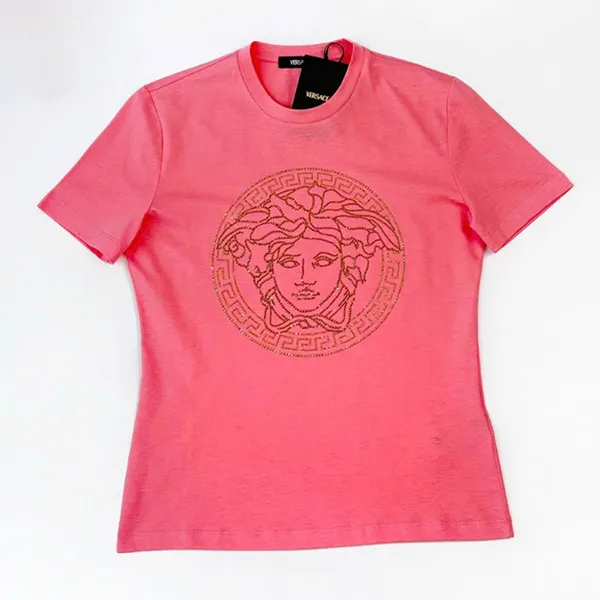 Áo Phông Nữ Versace In Pink With Logo Medusa Stone Studded 1010069 1A12980 2P190 Tshirt Màu Hồng Size 38