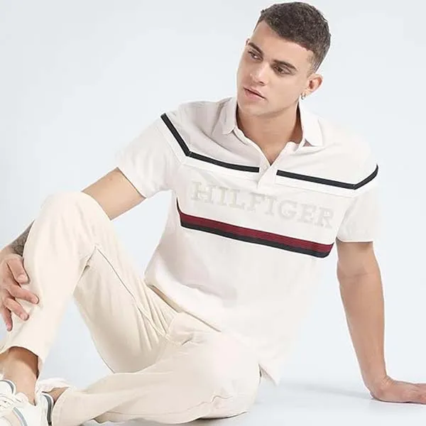 Áo Polo Nam Tommy Hilfiger Regular Fit Hilfiger Monotype Stripe 78JA885 100 Màu Trắng Size XS