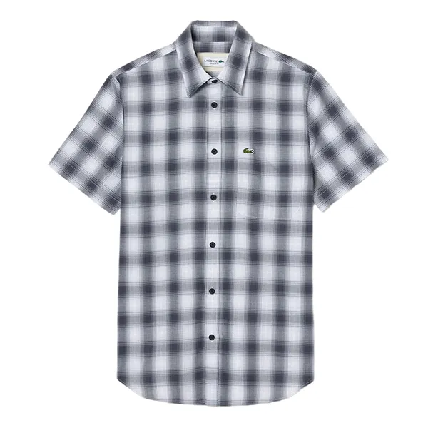 Áo Sơ Mi Cộc Tay Lacoste Men's Short Sleeve Plaid Shirt CH3749 KBR Màu Đen Kẻ Trắng Size 38