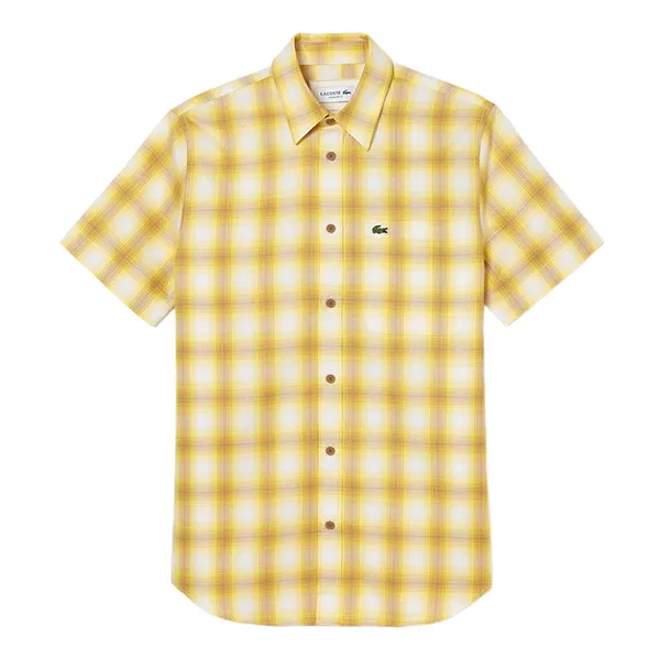 Áo Sơ Mi Cộc Tay Nam Lacoste Men's Short Sleeve Plaid Shirt CH3749 IQI Màu Vàng Size 38