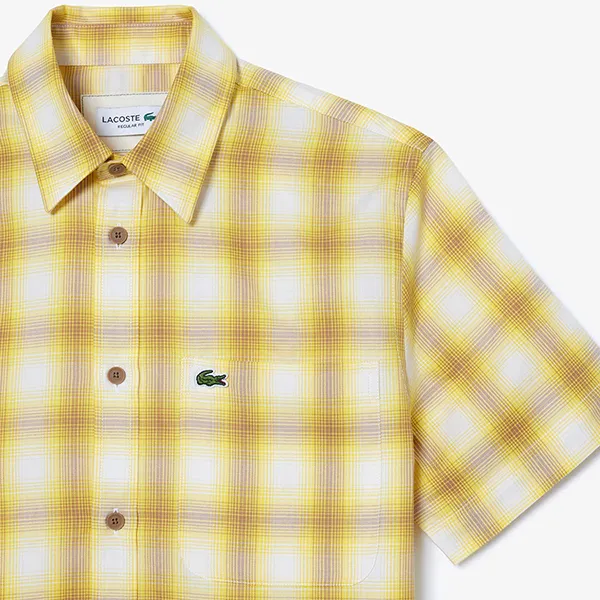 Áo Sơ Mi Cộc Tay Nam Lacoste Men's Short Sleeve Plaid Shirt CH3749 IQI Màu Vàng Size 38