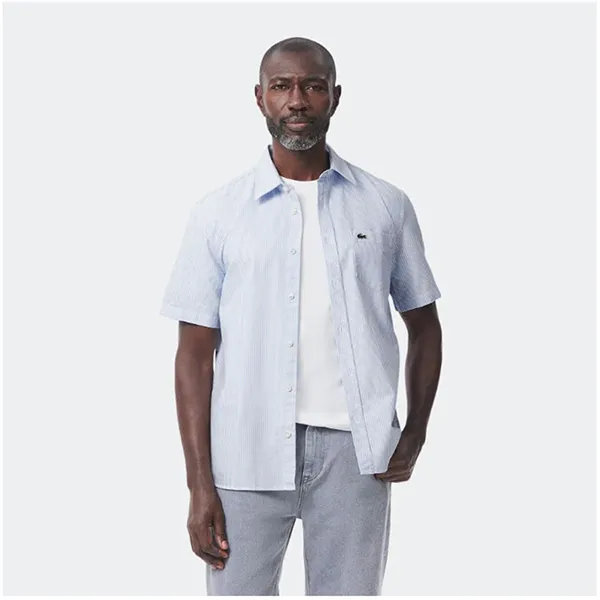 Áo Sơ Mi Nam Lacoste Short Sleeved Oxford Cotton Shirt CH5624 E7B Màu Xanh Kẻ Size 41