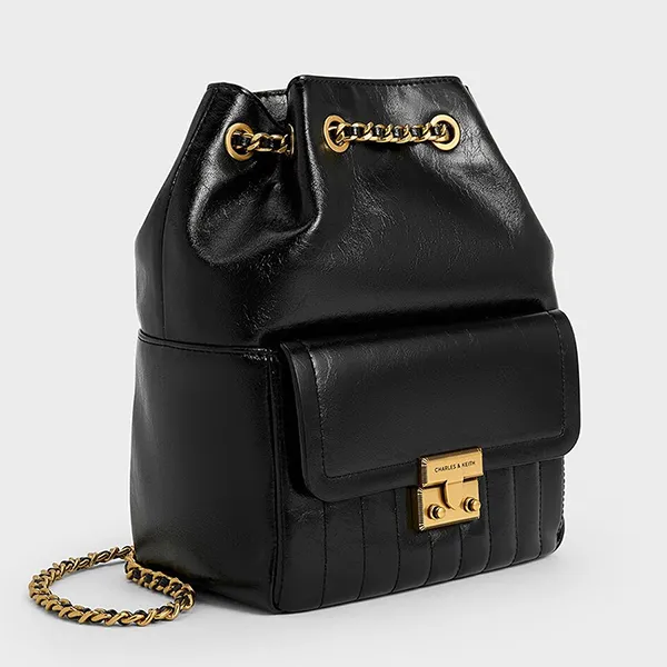 Balo Nữ Charles & Keith CNK Donna Crinkle-Effect Backpack Black CK2-60271530 Màu Đen