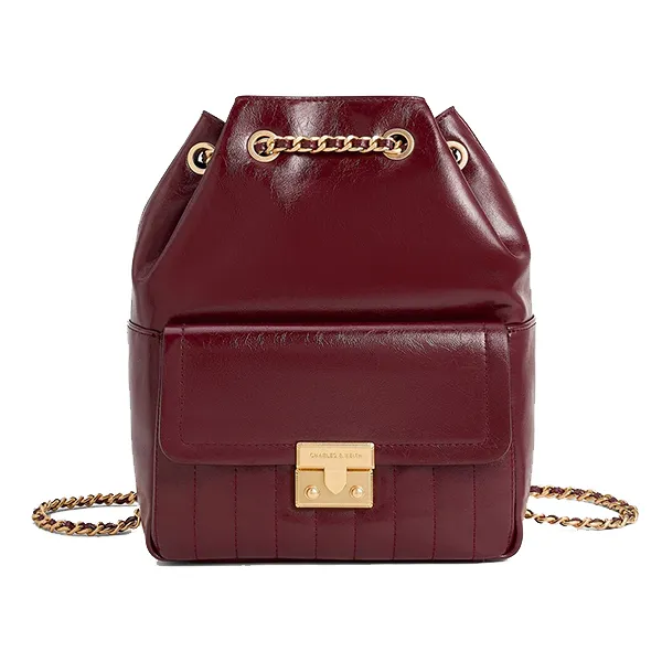 Balo Nữ Charles & Keith CNK Donna Crinkle-Effect Backpack Burgundy CK2-60271530 Màu Đỏ Đô