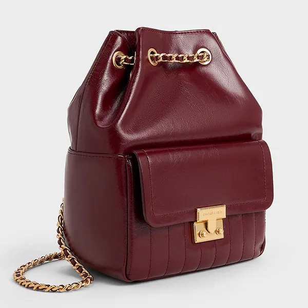 Balo Nữ Charles & Keith CNK Donna Crinkle-Effect Backpack Burgundy CK2-60271530 Màu Đỏ Đô