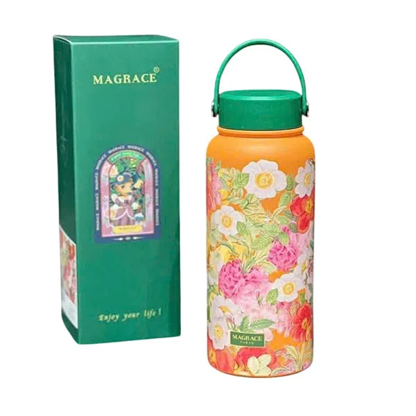Bình Giữ Nhiệt Magrace Paris 1L Hoạ Tiết Hoa Nền Cam - Cốc - Vua Hàng Hiệu