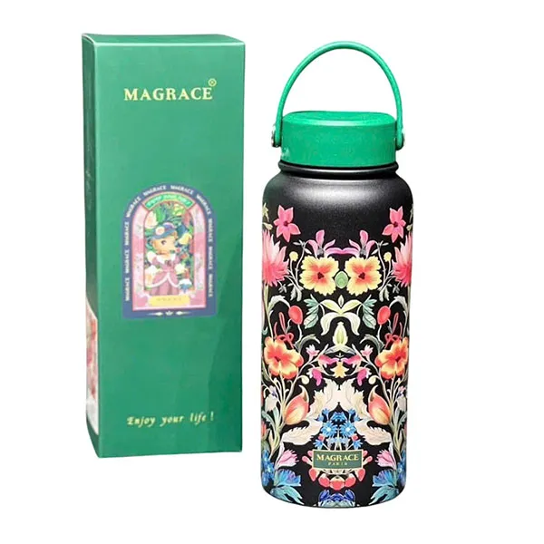 Bình Giữ Nhiệt Magrace Paris 1L Hoạ Tiết Hoa Nền Đen