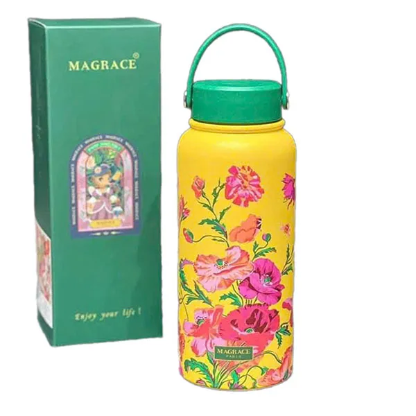 Bình Giữ Nhiệt Magrace Paris 1L Hoạ Tiết Hoa Nền Vàng - Cốc - Vua Hàng Hiệu
