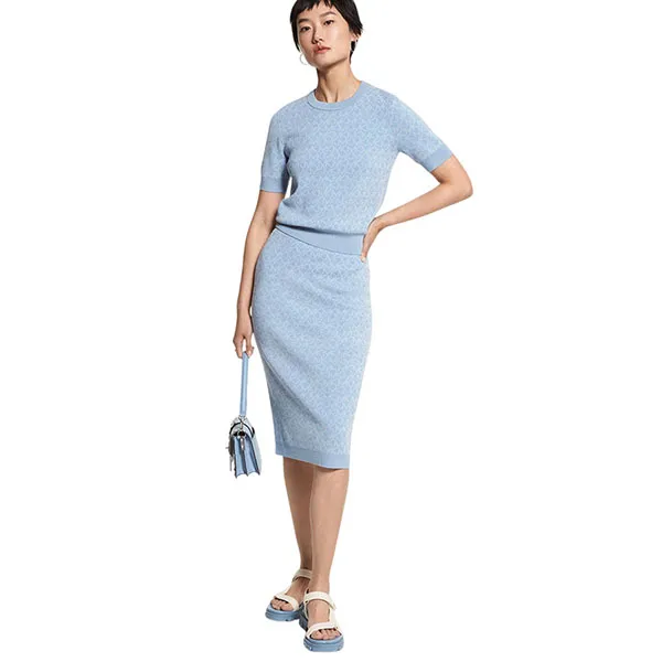 Chân Váy Len Michael Kors MK Logo Jacquard Pencil Skirt Màu Xanh Size S