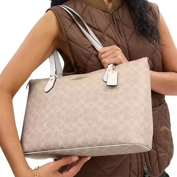 Túi Tote Nữ Coach Gallery Tote Bag In Signature Canvas CW381 Silver/Sand/Taupe Màu Khaki