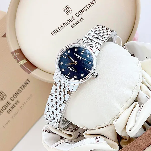 Đồng Hồ Nữ Frederique Constant Quartz FC-206MPBD1S6B Slimline Diamond Moonphase Màu Xanh Bạc