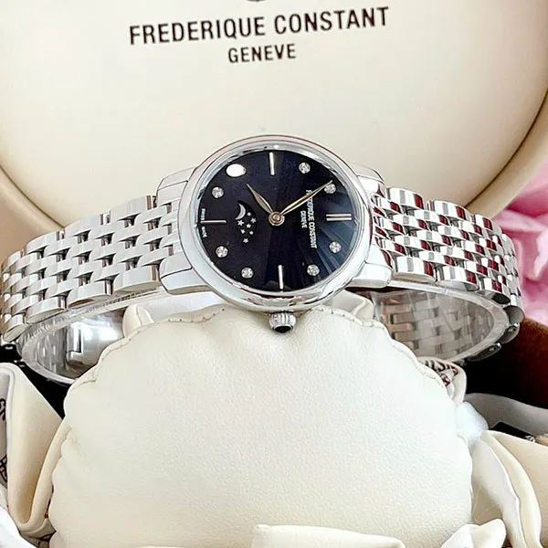 Đồng Hồ Nữ Frederique Constant Quartz FC-206MPBD1S6B Slimline Diamond Moonphase Màu Xanh Bạc