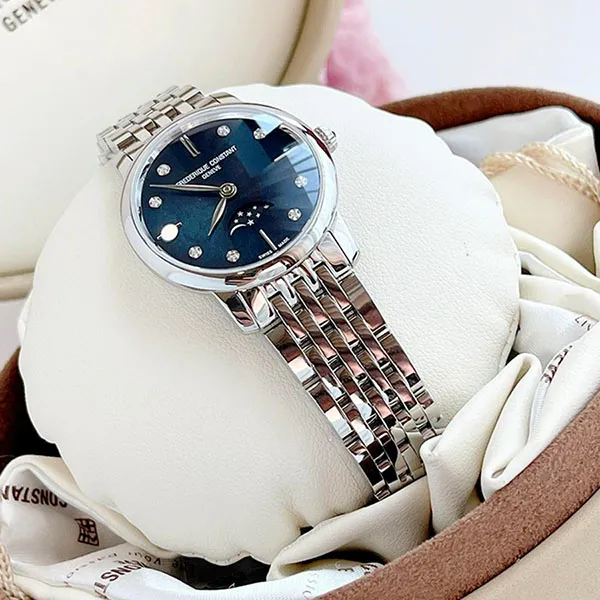 Đồng Hồ Nữ Frederique Constant Quartz FC-206MPBD1S6B Slimline Diamond Moonphase Màu Xanh Bạc