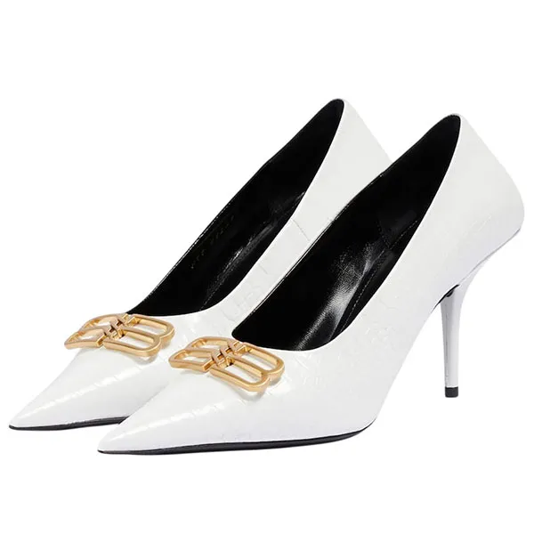 Giày Cao Gót Nữ Balenciaga Square Knife BB Croc-Effect Leather Pumps Màu Trắng Size 37