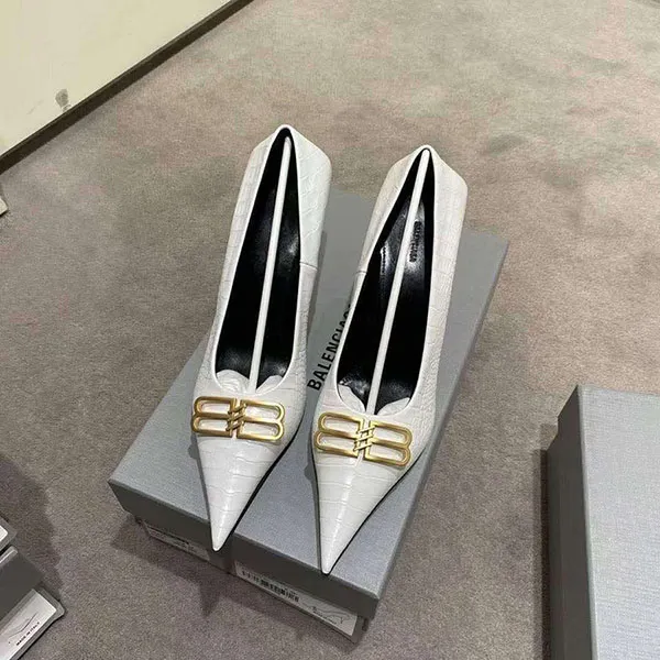 Giày Cao Gót Nữ Balenciaga Square Knife BB Croc-Effect Leather Pumps Màu Trắng Size 37