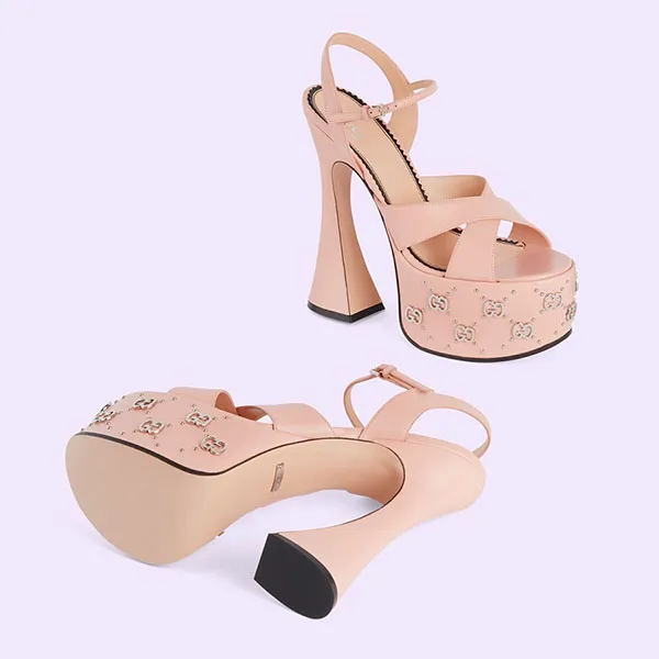 Giày Cao Gót Nữ Gucci Sandal With Interlocking G Studs Màu Hồng Da