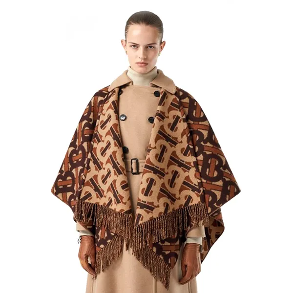Khăn Choàng Nữ Burberry Monogram Merino Wool Cashmere Jacquard Cape In Brown Màu Nâu Họa Tiết - Thời trang - Vua Hàng Hiệu