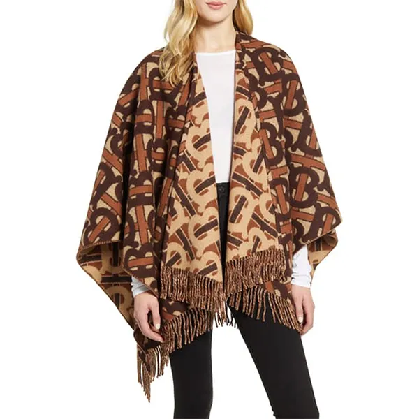 Khăn Choàng Nữ Burberry Monogram Merino Wool Cashmere Jacquard Cape In Brown Màu Nâu Họa Tiết - Thời trang - Vua Hàng Hiệu