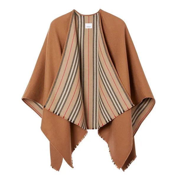 Khăn Quàng Cổ Burberry Icon Stripe Detail Wool Cape Màu Be Nâu