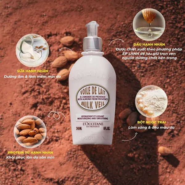 Sữa Dưỡng Thể L'Occitane Moisturizing And Smoothing Almond Milk Veil Chiết Xuất Hạnh Nhân 240ml - Mỹ phẩm - Vua Hàng Hiệu