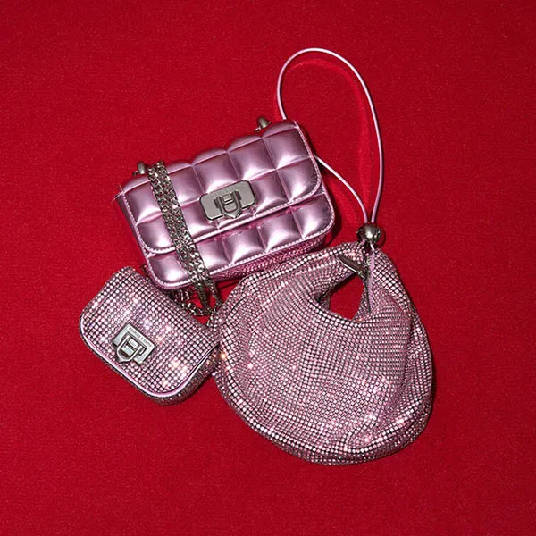 Túi Đeo Chéo Nữ Charles & Keith CNK Metallic Square-Quilted Chain-Handle Bag Pink CK2-80681154 Màu Hồng