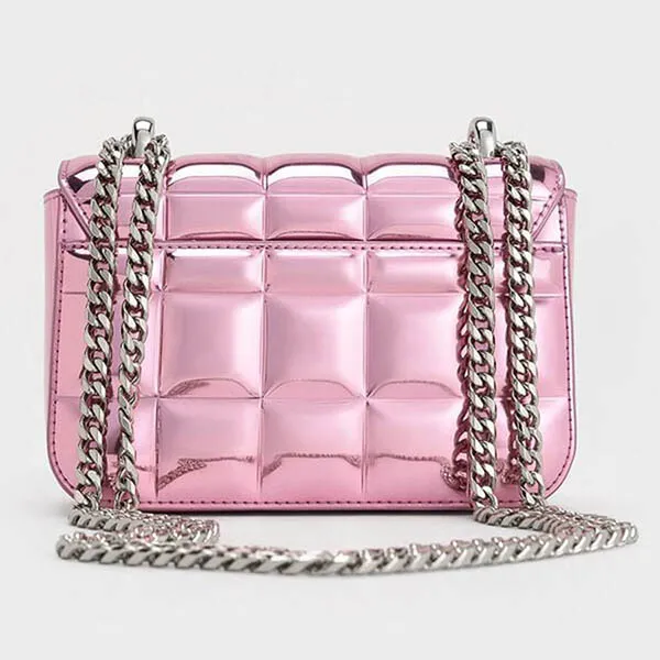 Túi Đeo Chéo Nữ Charles & Keith CNK Metallic Square-Quilted Chain-Handle Bag Pink CK2-80681154 Màu Hồng