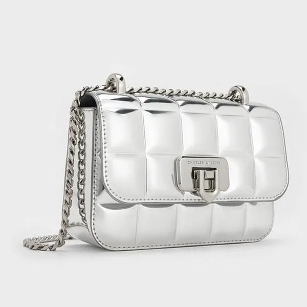 Túi Đeo Chéo Nữ Charles & Keith CNK Metallic Square-Quilted Chain-Handle Bag Silver CK2-80681154 Màu Bạc