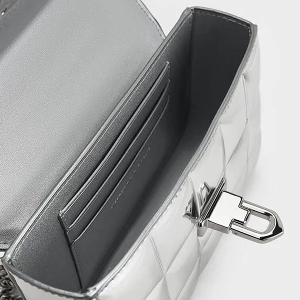 Túi Đeo Chéo Nữ Charles & Keith CNK Metallic Square-Quilted Chain-Handle Bag Silver CK2-80681154 Màu Bạc