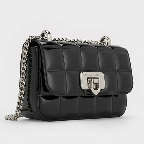 Túi Đeo Chéo Nữ Charles & Keith CNK Patent Square-Quilted Chain-Handle Bag Noir CK2-80681154 Màu Đen