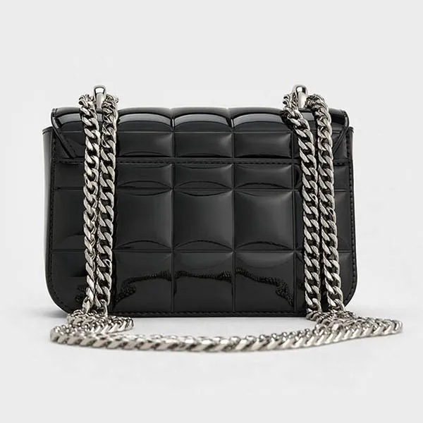 Túi Đeo Chéo Nữ Charles & Keith CNK Patent Square-Quilted Chain-Handle Bag Noir CK2-80681154 Màu Đen