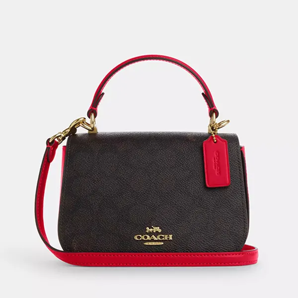 Túi Đeo Chéo Nữ Coach Lysa Top Handle Bag In Signature Canvas Gold/ Walnut/ Bold Red CX809 Màu Nâu Đen Phối Đỏ