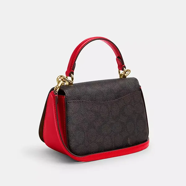 Túi Đeo Chéo Nữ Coach Lysa Top Handle Bag In Signature Canvas Gold/ Walnut/ Bold Red CX809 Màu Nâu Đen Phối Đỏ
