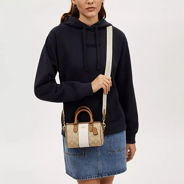 Túi Đeo Chéo Nữ Coach Mini Rowan Crossbody In Signature Canvas With Stripe CR243 Màu Khaki