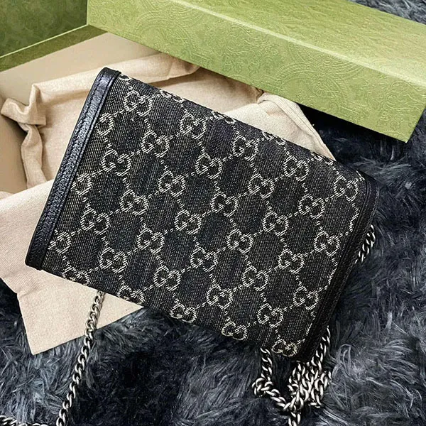 Túi Đeo Chéo Nữ Gucci Dionysus GG Denim Jacquard Mini Chain Bag Black Ivory Màu Đen