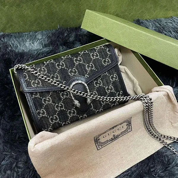 Túi Đeo Chéo Nữ Gucci Dionysus GG Denim Jacquard Mini Chain Bag Black Ivory Màu Đen