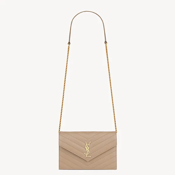 Túi Đeo Chéo Nữ Yves Saint Laurent YSL Cassandre Envelope Chain In Grain De Poudre Leather Dark Beige Màu Be Đậm