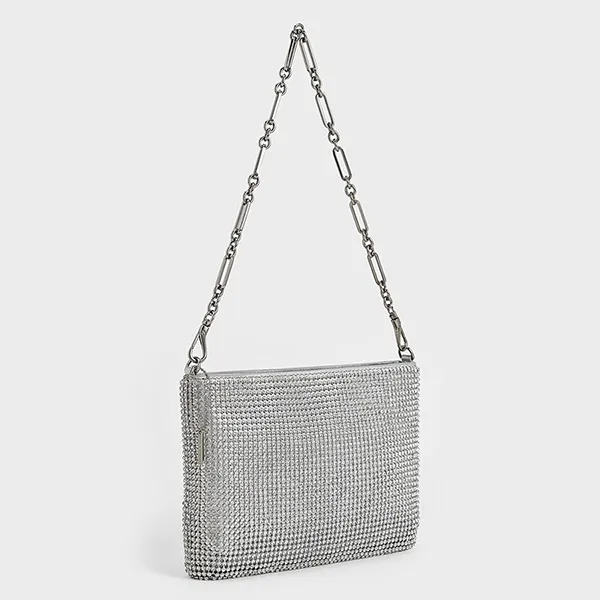 Túi Đeo Vai Nữ Charles & Keith CNK Crystal-Embellished Chain-Handle Shoulder Bag Silver CK2-20671693 Màu Bạc