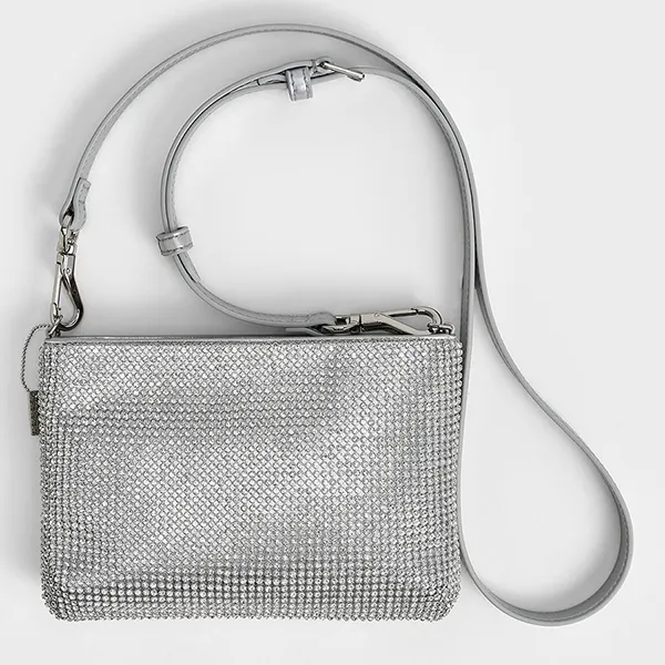 Túi Đeo Vai Nữ Charles & Keith CNK Crystal-Embellished Chain-Handle Shoulder Bag Silver CK2-20671693 Màu Bạc