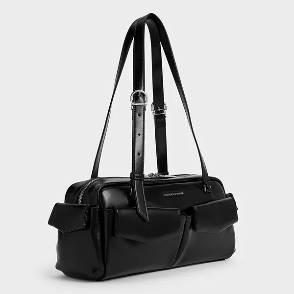 Túi Đeo Vai Nữ Charles & Keith CNK Rachel Elongated Multi-Pocket Shoulder Bag CK2-20160187 Noir Màu Đen